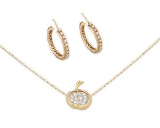 351
A Group Of Diamond Jewelry
18k yellow/white gold and 14k yellow gold
The group of jewelry includes an 18k yellow and white gold apple pendant set with twelve round full-cut diamonds totaling approximately 0.80ct. and graded G-H color and VS clarity (0.625" W x 0.75" H) suspended on an attached neck chain (16.5" L) and a pair of 14k yellow gold hoop earrings set with a total of forty-eight round full-cut diamonds totaling approximately 2.00cts. in weight and each graded I-J color and SI/I clarity (1.0" Dia) with post and push backings
Pendant/chain: 10.5 grams; Earrings: 6.4 grams
3 pieces
Estimate: $500 - $700