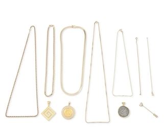 353
A Group Of Jewelry
22k, 14k yellow gold and silver; Variously stamped: 585 / 14k / 22kt
A group of gold jewelry including one silver medallion set in a 24k yellow gold bezel pendant (1.25" W x 1.50" H) and a group of 14k yellow gold jewelry including a geometric diamond shaped pendant (1.50" W x 2.00" H), an Alexander the Great medallion pendant (1.50" W x 1.75" H), a heart stick pin set with one small diamond (0.375" Dia x 2.0" H), five neck chains (18.0", 18.0", 20.0", 25.0" and 26.0" L) and two bracelet chains (7.0")
14k gold: 79.9 grams; 22k/silver: 5.0 grams
11 pieces
Estimate: $1,800 - $2,500