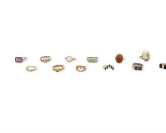 354
Twelve Various Gold And Gemstone Rings
18k and 14k yellow and white gold; Various stamps include: 14k / AK / Turkey / CJ / China / 750 / 18k / FGP
Three 18k yellow gold rings including a ring centering an oval mixed-cut sapphire gauged at 10.3mm x 7mm x 4.8mm (ring size: 6.75), a ring centering a bezel set baroque cultured pearl gauged at 11.7mm x 9.5mm (ring size: 6), a ring centering a baroque freshwater pearl gauged at 18.9mm x 11.39mm accented with three round full-cut diamonds totaling approximately 0.25ct. and graded H-I color and SI clarity (ring size: 8, 0.50" W x 0.875" H) and a group of nine 14k gold rings including an opal and onyx inlay ring (ring size: 7), a ring centering a rectangular step-cut amethyst gauged at 14mm x 10mm (ring size: 9), a ring alternating with onyx and mother-of-pearl inlay (0.25" W, ring size: 7), a ring guard comprising of five alternating marquise-cut sapphires gauged at 4.8mm x 2.4mm and eight round full-cut diamonds totaling approximately 0.1