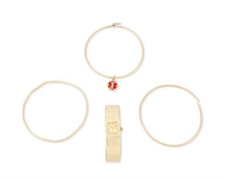 355
A Group Of Jewelry
14k yellow gold; Some stamped: 14k
A group of gold jewelry including two thin bangles (7.5" Cir), one thin bangle with an enameled medical charm (7.0" Cir x 0.50" Dia) and one Movado watch (6.25" L x 0.625" W)
Bangles: 9.7 grams; Watch: 35.3 grams
4 pieces
Estimate: $700 - $900