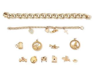 356
A Group Of Jewelry
18k, 14k, 12k and 10k yellow gold
A group of jewelry including a 14k yellow gold charm bracelet (7.75" L x 0.50" W), a 12k yellow gold charm bracelet with four charms including an 18k yellow gold gondola charm (largest: 0.875" L x 0.0625" W), a 14k yellow gold and enamel heart charm, a 10k yellow gold heart locket charm and a 10k yellow gold cross charm, and a group of loose charms includings five 18k yellow gold charms of a bell (largest: 0.50" Dia), the Arc de Triomphe, a bull and matador, a matador and a broken piece of a charm, and five 14k yellow gold charms of a stein, a carriage, a trumpet, a wind surfer (largest: 0.875" Dia) and a bird
18k loose charms: 8.8 grams; 14k gold (bracelet and loose charms): 84.1 grams; charm bracelet with 4 charms: 9.2 grams
12 pieces
Estimate: $2,000 - $3,000
