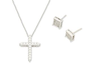 360
A Group Of Diamond Jewelry
14k white gold
Including a 14k white gold cross pendant set with sixteen round full-cut diamonds totaling approximately 0.45ct. in weight and graded I-J color and SI/I1 clarity (0.625" W x 0.875" H) suspended on a detachable 14k white gold neck chain (18.0" L) and a pair of 14k white gold square stud earrings set with seventy-two cushion-cut diamonds totaling approximately 0.30ct. in weight and graded K-L color and I1 clarity ( 0.25" Dia)
5.7 grams
4 pieces
Estimate: $500 - $700