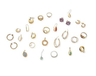 363
A Group Of Gold Jewelry And Fragments
Platinum, 18k, 14k, and 8k gold: Various stamps include: 18k / 750 / 14k / 585/ 333 / Italy / 10% Irid. Plat.
Including a platinum mounting (ring size: 6.25, 3.0 grams), a group of 18k yellow gold jewelry including a pair of huggie style earrings centering lapis lazuli inlay gauged at 7.5mm diameter with post and omega clip backings (stamped: Stefani for Stefano Stefani, 0.375" W x 0.625" H), a teardrop pendant centering a pear shaped mixed-cut emerald gauged at 8.7mm x 5.0mm x 2.8mm (0.50" W x 1.0" H), a mounting for an oval stone (ring size: 8), a geometric style ring (ring size: 4.5) a pair of teardrop earrings centering a pear shaped coral gauged at 16.7mm x 8mm (0.375" W x 1.0" H), a group of 14k yellow and white gold jewelry including a pendant centering one oval mixed-cut emerald gauged at 5.9mm x 4mm and accented with fifteen round full-cut diamonds totaling approximately 0.60ct. and graded I-J color and SI/I clarity (0.375" W x 1.25" H