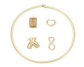 361
A Group Of Jewelry
14k yellow gold; Variously stamped: 14k / Italy / 10k
Including a 14k yellow gold flat link necklace (0.1875" W x 16.0" L; 18.0 grams) accompanied by four detachable pendants including a 14k yellow gold infinity pendant set with fourteen round simulated diamonds (0.50" W x 1.25" H; 3.7 grams), a 14k yellow gold pendant centering a rectangular step-cut citrine gauged at 21.4mm x 15.4mm x 9.9mm (0.625" W x 0.875" H; 8.2 grams), a 14k yellow gold open heart pendant (0.875" W x 0.625" H; 2.7 grams) and a 10k yellow gold "X" pendant (1.0" W x 0.875" H; 1.5 grams)
33.5 grams
5 pieces
Estimate: $1,000 - $1,500