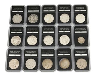 370
A Group Of United States Dollar Coins
3 Morgan silver dollars- 1900, 1901, 1921
6 Peace silver dollars - 1922, 1923, 1924, 1925, 1926, 1927
5 Eisenhower dollars- 1972, 1974, 1976, 1977, 1978
1 Susan B Anthony dollar - 1999
Each coin cased by PCS Stamps & Coin

15 Total
Estimate: $250 - $350