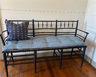 $1250. (F1) Three Seat Settee - William Morris & Co. (?) Ebonized Wood with rush seat. Sturdy and you can actually sit on! Measures 16" deep x 56" wide x 34" floor to top of back x 18" floor to seat. 