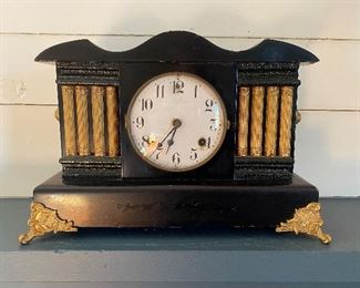 $75. Waterbury Mantle Clock. Measures 6" deep x 16.5" x 11" tall. 
