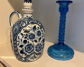 $30. 8.5" tall Delft jar. $5 Blue Glass Candlestick