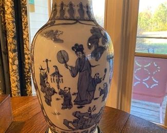 $150. Blue & White Asian lamp. Measures 37" tall from table to top of finial.