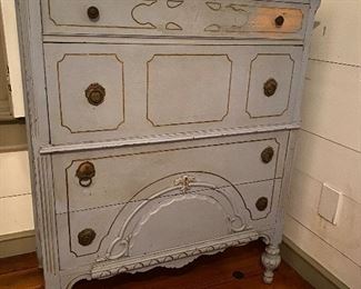 $75. (F11) Shabby Chic  Dresser - Drawers slide ok but the inside has some veneer flaking. Would be better for decorative use rather than everyday use.  Measures 19" deep x 36" wide x 48.75" tall. 