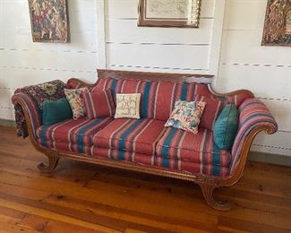 $325. (C3) Antique Rolled Arm Sofa. Measures 80" long x  28" deep x 17.5" floor to seat x 33" floor to top of wood frame. 