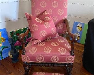 $225 (C2). Pink side chair with beautifully carved wooden arms and base. Measures 24.5" wide x 30" deep x 17.5" floor to seat x 45" floor to back.  