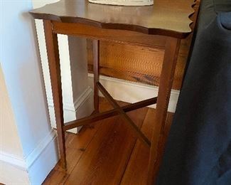 $50. (F16) Solid wood side table. Measures 18" square on the top x 27" tall. Has a water stain on one corner. 