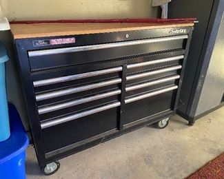 $250. Husky Tool Cabinet with wooden top. No key. 