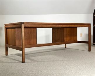 JENS RISOM EXECUTIVE DESK  | 
With two banks of drawers and a central support beam, no plaque or signature
- l. 74 x w. 36 x h. 28 in.