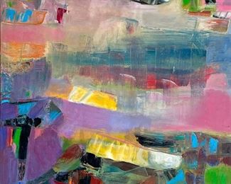 BEVERLY BRODSKY (American, 20th C.)  | 
Sunset
Oil on canvas
Abstraction in colors
Signed on verso and titled
w. 36.5 x h. 36.5 x dia. frame in.