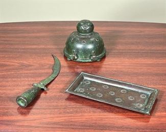 (3pc) APOLLO STUDIOS DESK ARTICLES  |  
Including a patinated copper inkwell, a letter opener, and a small tray, stamped on the bottom, "Apollo Studios New York / Real Copper / 95"
- w. 7 3/4 in. (tray)