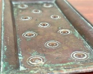 (3pc) APOLLO STUDIOS DESK ARTICLES  |  
Including a patinated copper inkwell, a letter opener, and a small tray, stamped on the bottom, "Apollo Studios New York / Real Copper / 95"
- w. 7 3/4 in. (tray)