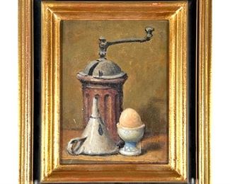 GUERINO ANGELI (b. 1926)  |  
Tabletop Still Life
showing an egg cup, pepper grinder, and funnel
Signed lower right
w. 5.5 x h. 7.25 in., stretcher
Signed numbered and dated on verso with gallery label - w. 9 x h. 10.5 in., frame