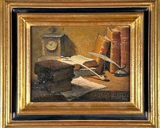 GUERINO ANGELI (b. 1926)  |  
Still Life With Books
Showing books, a pipe, a quill pen, and a clock
signed lower right
w. 7 x h. 5.5 in., stretcher
Signed numbered and dated on verso - w. 10.5 x h. 9 in., frame