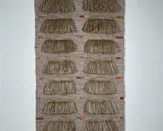 CAROL SCHWARTZOTT (b. 1945)  |  
Untitled
Woven cotton and linen thread
Wall hanging with tassels and multi colored fibers with a wooden rod at each end for hanging, signed and dated '83 on a stitched tag - l. 53 x w. 33 in.
Carol Schwartzott is in the permanent collection of The Smithsonian American Art Museum.
