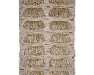CAROL SCHWARTZOTT (b. 1945)  |  
Untitled
Woven cotton and linen thread
Wall hanging with tassels and multi colored fibers with a wooden rod at each end for hanging, signed and dated '83 on a stitched tag - l. 53 x w. 33 in.
Carol Schwartzott is in the permanent collection of The Smithsonian American Art Museum.
