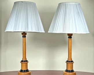 (2pc) PAIR TURNED WOOD LAMPS  |  
Turned oak with Ebony rings and felt bases - h. 27 x dia. 14 in. (over shade)
