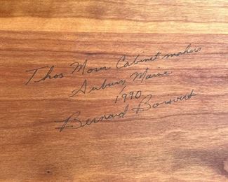 THOMAS MOSER SIDE TABLE  |
C. 1990, solid wood, with confirming glass top, signed by maker and dated on underside - l. 60 x w. 18 x h. 28 in.