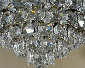 SCHONBEK "BARONET" CHANDELIER  |  
French Mid-Century modern Swarovski crystal drop chandelier having 7 rows of concentric crystal drops; total height from fixture; 42 in. - h. 24 x dia. 28 in. (chandelier)
