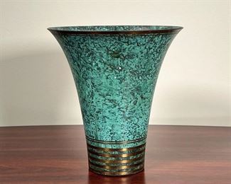 CARL SORENSEN VERDIGRIS BRONZE VASE  |  
Spun bronze with applied verdigris finish, signed on base and with other markings - h. 8.5 x dia. 7.75 in.
