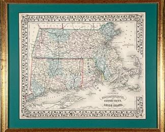 FRAMED COUNTY MAP  |  
County map of Massachusetts, Connecticut, and Rhode Island, in a gilt frame - w. 18.25 x h. 15.5 in. (frame)