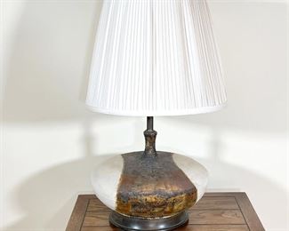 LARGE STONEWARE LAMP  |  
Heavy! Bulbous stoneware pottery table lamp, with a wide round base, apparently unsigned - h. 31 x dia. 18.25 in. (overall with shade)