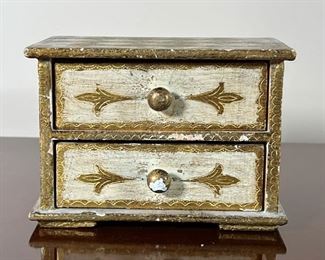FLORENTIA JEWELRY CHEST | Italy, beautiful small size, having two drawers, with carved, painted, and gilt decoration, with Florentia label on bottom - l. 6.5 x w. 4 x h. 4.5 in.