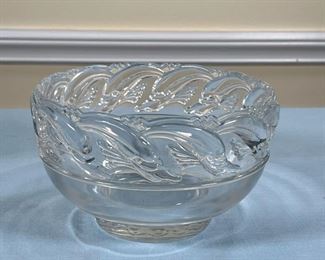 TIFFANY & CO. DOLPHIN BOWL  |  
Glass bowl with fancy decorated edge, stamp mark on bottom - h. 4.75 x dia. 8.25 in.