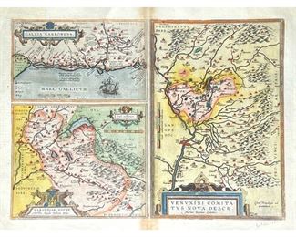 ABRAHAM ORTELIUS MAP | Color engraving containing three maps of southeastern France; "Gallia Narbonens"  "Sabaudiae Ducat" and "Venuxini Comitatus..."
