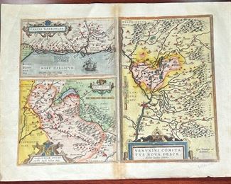 ABRAHAM ORTELIUS MAP | Color engraving containing three maps of southeastern France; "Gallia Narbonens"  "Sabaudiae Ducat" and "Venuxini Comitatus..."