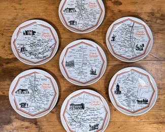 (7pc) CHAUVIGNY CHEESE PLATES  |
Porcelaine d'Auteuil / Porcelaine Chauvigny regional cheese plates with map pattern - dia. 7 1/2 in.