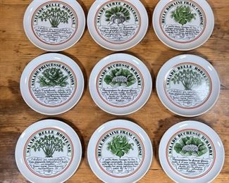 (9pc) CHAUVIGNY SALAD PLATES  |
French Porcelaine Chauvigny / D'Auteuil salad plates designed by Jacques Lobjoy, decorated with herbs / leafy plants in a rust border - dia. 7.5 in.