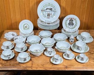 (47pc) D'AUTEUIL PORCELAIN SET  |
French Porcelaine d'Auteuil "Chambord" pattern, comprising six bowls, two lidded bowls, four demitasse cups and saucers, four tea cups and saucers, two coffee cups and saucers, six small plates (6.25 in.) six medium plates, and six larger plates (dia. 9.5 in.), plus a single salt shaker
