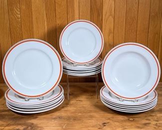 (18pc) D'AUTEUIL PLATES  |
French Porcelaine D'Auteuil Bistrot Rust Orange plates, including six 7-5/8 inch plates, six 9-inch low bowls / dishes, and 9-1/2 inch plates