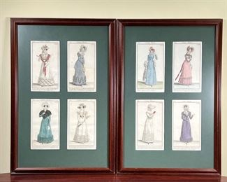 (2pc) FASHION ENGRAVINGS  |
Colored engravings of women's outfits, with two sets of for each framed as one, 19th century - w. 14.5 x h. 21.5 in. (each frame)
