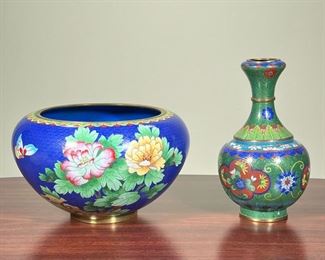 CLOISONNÉ VASE AND BOWL  |
Cloisonné vase (h. 9 in.) and a Jingfa bowl (dia. 10 in.) having blue and green enameled decoration, both marked on the bottom
