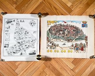 MAP & MEDIEVAL PRINT  |
Displaying the city of Carcasona in 1490 on parchment paper, and a map displaying some of the towns of Connecticut and blurbs about each - w. 25 x h. 20 in. (largest)