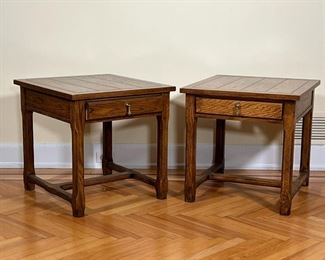 (2pc) PAIR BAKER SIDE TABLES  |
Wooden end tables with a single drawer, with Baker furniture tag - l. 26 x w. 24 x h. 24 in.