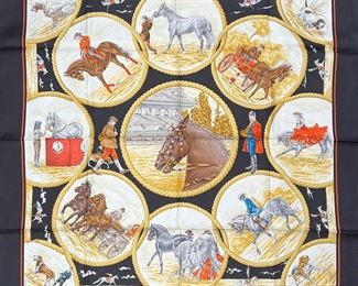 HERMES SILK SCARF  |
Carl de Parcevaux "Auteuil en Mai" 100% silk scarf, new in original folio, apparently unused, showing equestrian scenes