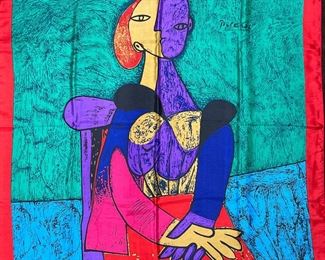 PICASSO SILK SCARF  |
Silk Picasso scarf with a colorful portrait within a red border, no apparent makers mark or tag - w. 33.5 x h. 35 in.
