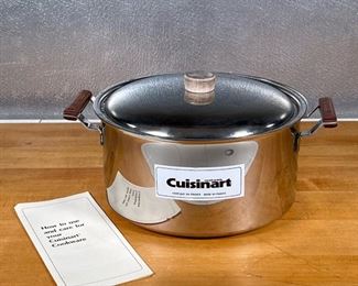 CUISINART STAINLESS POT  |
With wood handles and a wood handle lid, overall width 13.5 in. - h. 5.5 x dia. 10.25 in. (pot only)