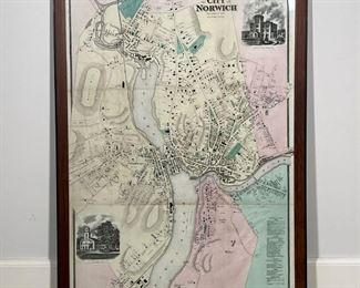 CITY OF NORWICH MAP   |
Plan of city of Norwich, New London County, Connecticut, scale 18 rods to the inch with engraved first congressional church, Norwich, and colorful zoning - w. 32 x h. 43 in. (frame)

