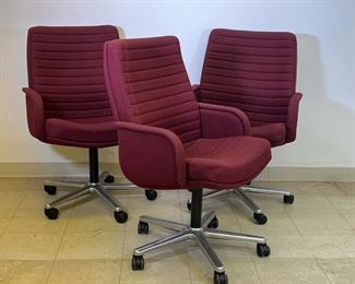 (3pc) VECTA CONTRACT EXECUTIVE CHAIRS  |
Burgundy wool upholstered meeting room / conference chairs, c. 1988 - l. 28 x w. 26 x h. 38 in.
