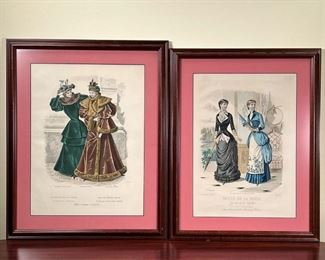 (2pc) FRENCH FASHION ENGRAVINGS  |
Colored engravings of bananas fashion, matted and in matching frames - w. 15.5 x h. 19.25 in. (largest frame)